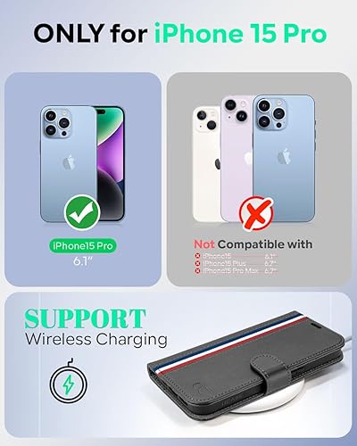 Miniatura 9 de OCASE Funda tipo cartera compatible con iPhone 15 Pro, de piel sintética, con tarjetero, bloqueo RFID, soporte para teléfono carcasa interior de TPU