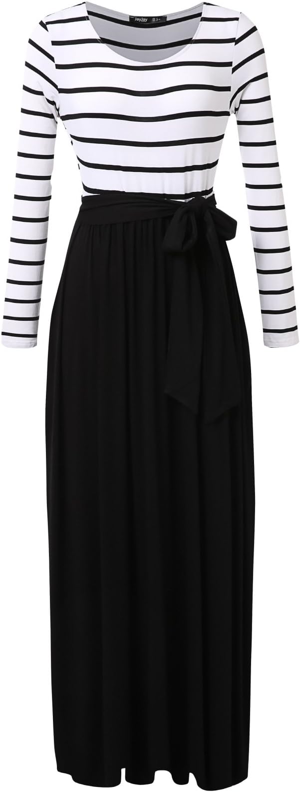 JayJay Women Stripe Print Long Sleeve U-Neck Tie Waist Maxi Casual Dress with Pocket