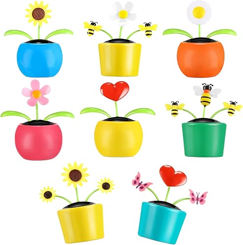 Wettarn Juego de 8 juguetes solares de flores bailarinas con energía solar, juguetes de girasol bailarín en macetas coloridas, lindos juguetes