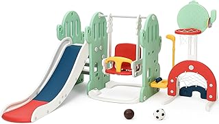 7 in 1 Toddler Slide and Swing Set, Kids Freestanding Slide Climber with Adjustable Swing and Basketball Hoop, Soccer Golf and Ring Toss Game, Indoor Outdoor Playset for Toddlers Age 1-3