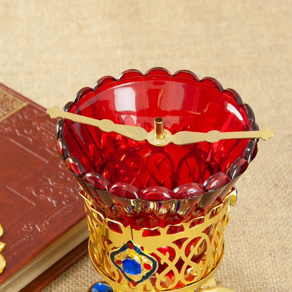 Orthodox Christian Vigil Oil Lamp, Zinc Alloy Oil Lamp with Red Glass Cup and Bracket for Church, Altar and Ceremonial Use (I-Blue)