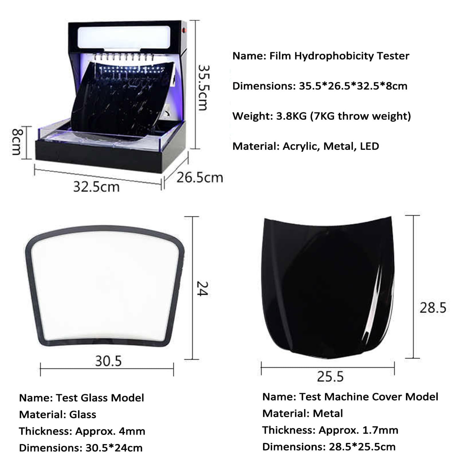Macchina per Test Idrofobico per Film & Rivestimenti, Tester di Prestazioni Impermeabili con Pompa & Cappuccio, Flusso d'Acqua Regolabile, Luce LED, Uscita in Acciaio Inox, per Pelli Glass Blue Light