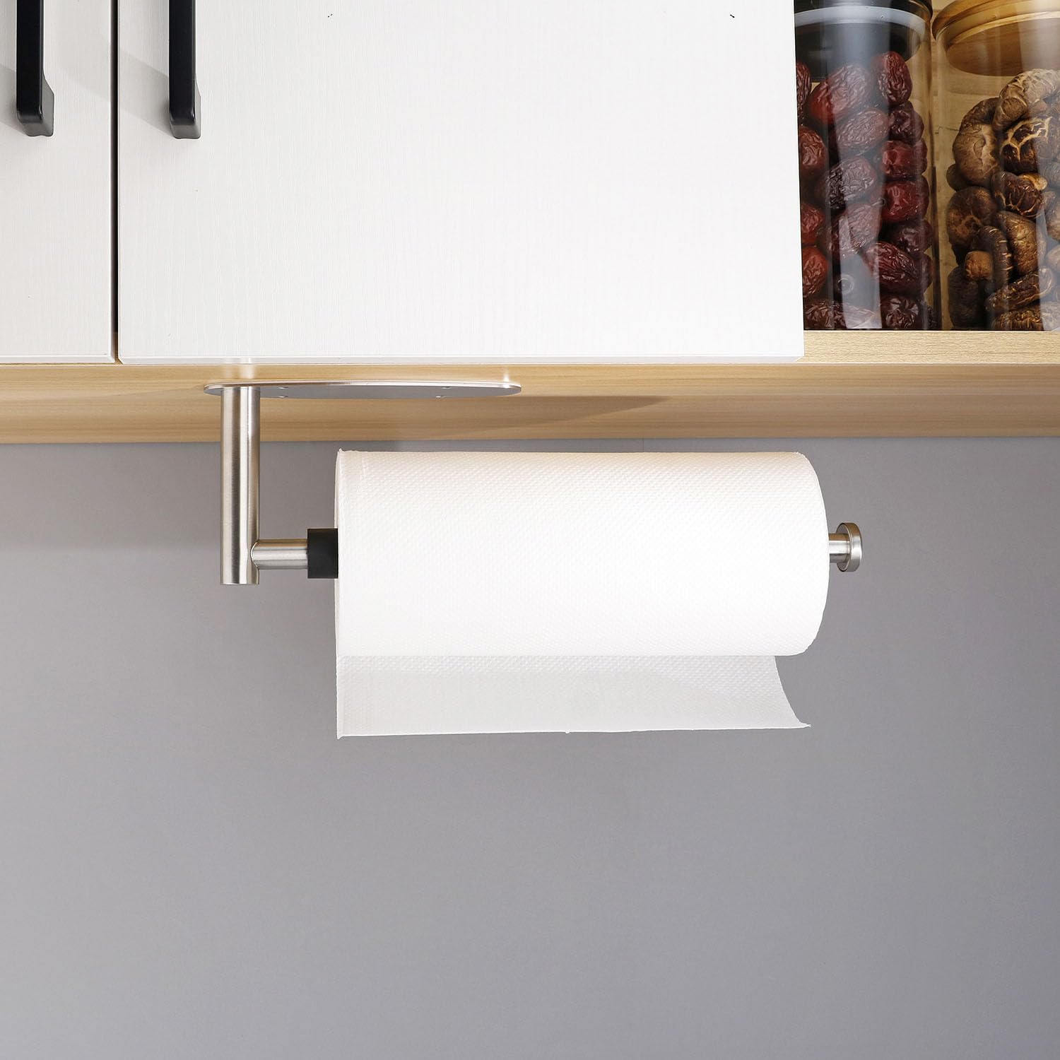 Soporte para toallas de papel operable de una sola mano debajo del gabinete con efecto de amortiguación, soporte de rollo de papel autoadhesivo montado en la pared para cocina y baño, acero 2