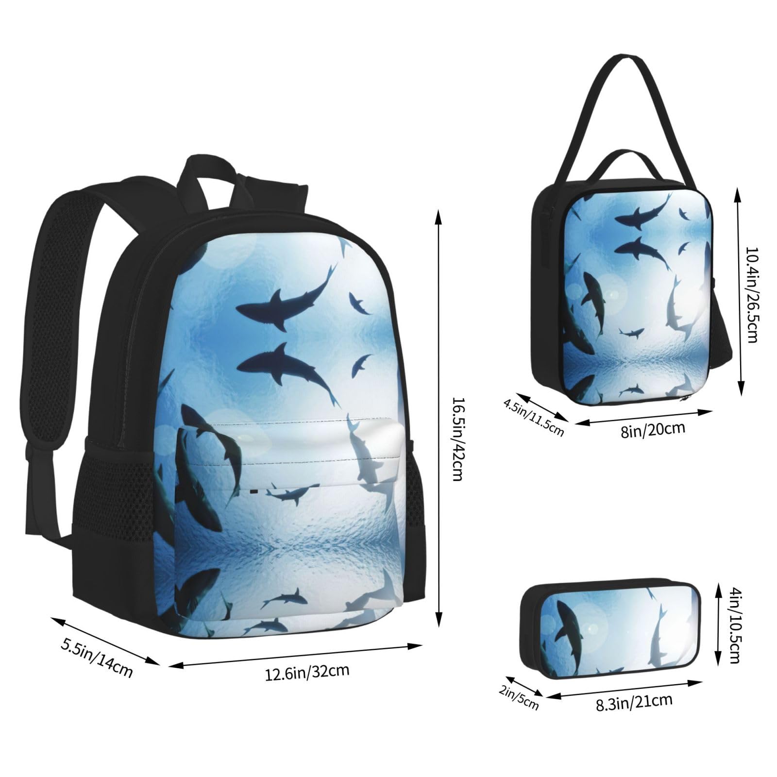 Juego de 3 mochilas escolares con estampado de tiburón y animales oceánicos, mochila para laptop resistente al agua de gran capacidad con bolsa de almuerzo aislada y estuche para lápices para