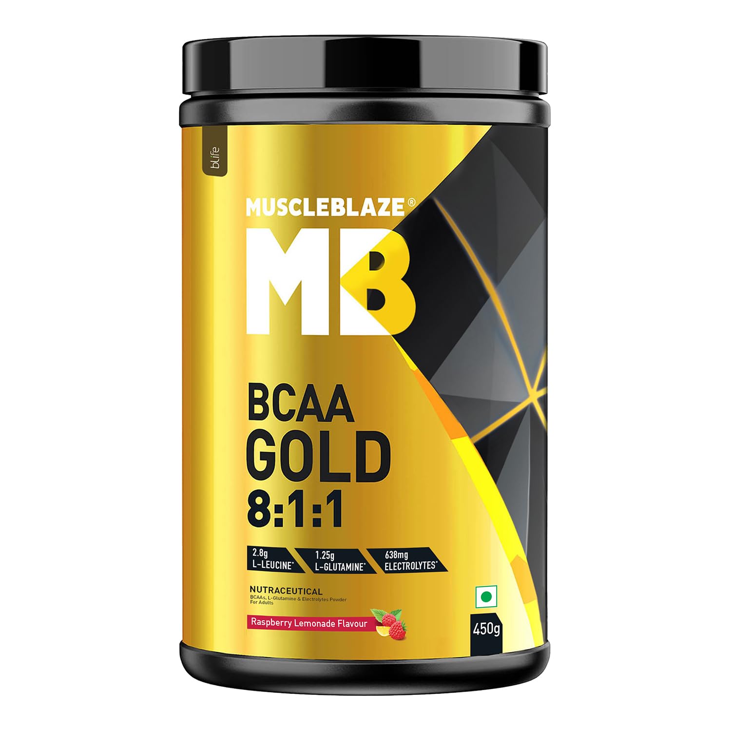 MuscleBlaze BCAA Gold 8:1:1 Powder, Raspberry Lemonade (60 Servings, 450g) | With Higher Leucine, Electrolytes & Glutamine