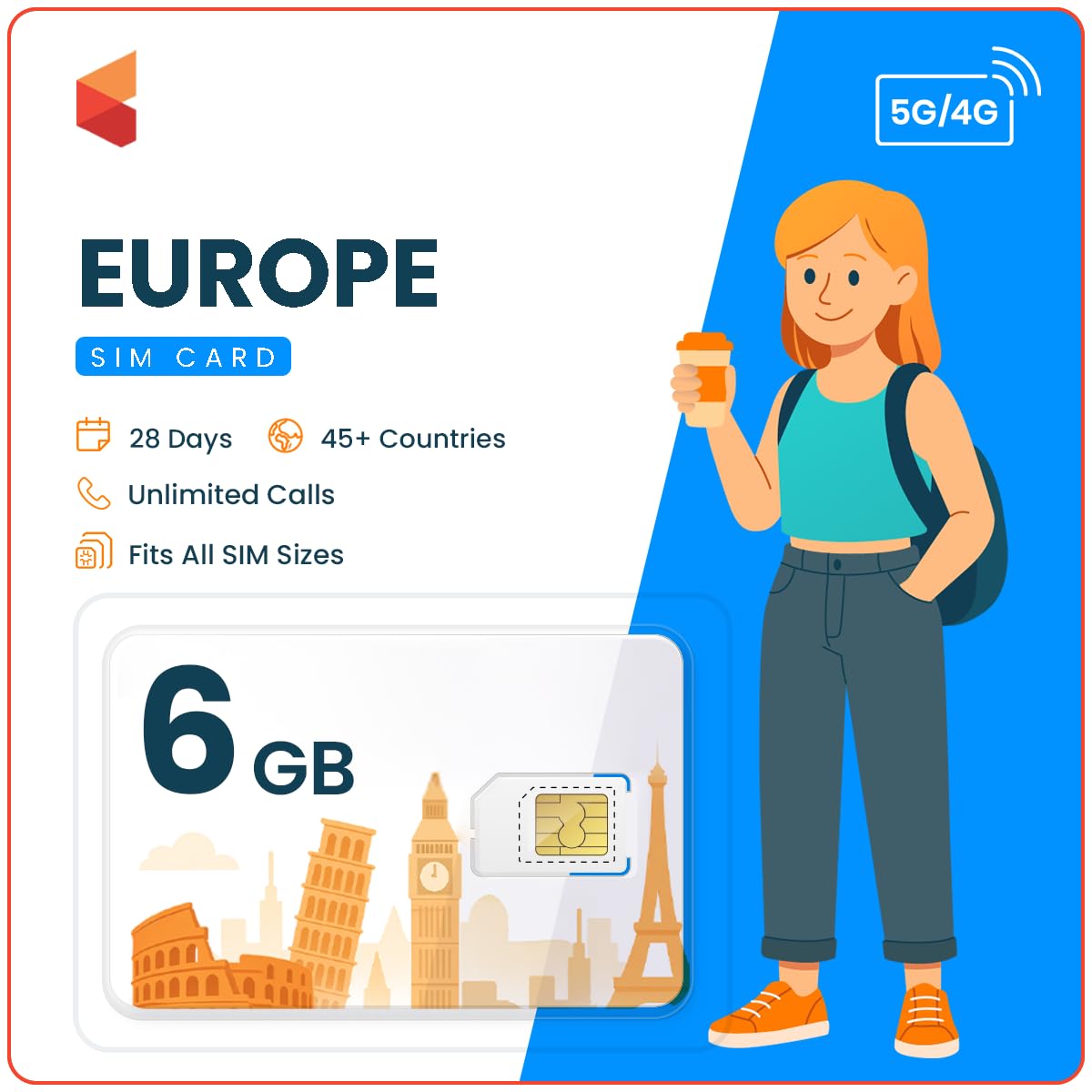 Europe UK Travel SIM Card (6 GB, 28 Days) - Prepaid SIM Card w/Data & Unlimited Minutes to EU & UK Numbers - 3-in-1 Tethering/Hotspot Card - Standard, Micro, & Nano SIM Card for Unlocked Phones