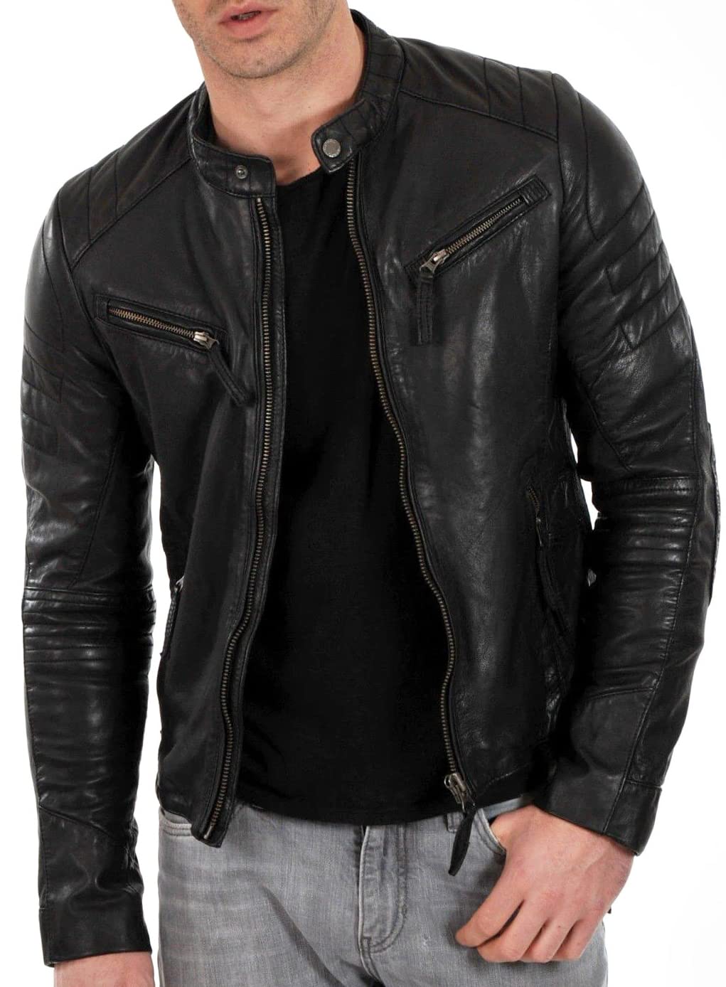 DECIMAL Mens Black BROWN Genuine Lambskin Leather Biker Jacket VINTAGE REAL MOTORCYCLE JACKETS FOR MEN