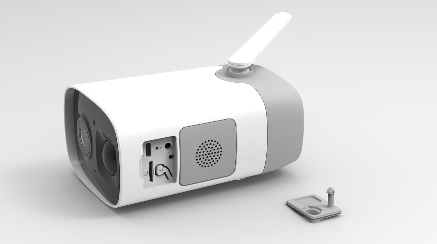 VicoHome CG7 Outdoor Security Camera, back view showing charging port and speaker
