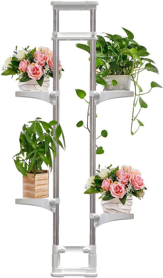 BAOYOUNI Indoor Window Plant Stand Metal Double Pole Storage Shelf Flower Pot Display Rack Holder Planter Extention Rods Home Decor with 4 Adjustable Trays - Ivory