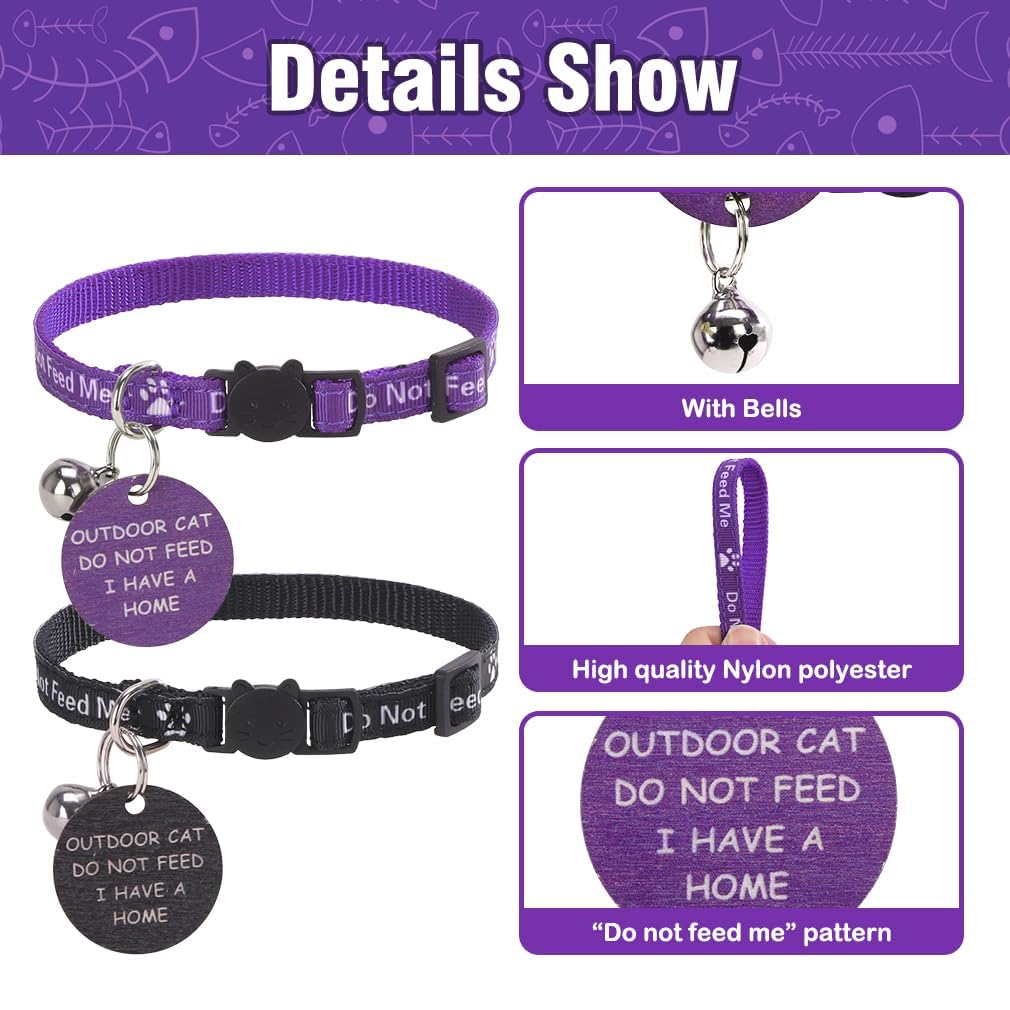 KOOLTAIL Cat Collar with Bell,2 Pack Do Not Feed Cat Collars with Warning Board Hanging "Do Not Feed Me",Cute Lightweight Adjustable Breakaway Kitten Collar with Safety Buckle - Image 3