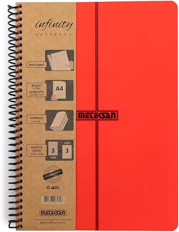 Meteksan Infinity Primary Serisi, A4, 6 Konulu (3 Kareli, 3 Çizgili) 180 Yaprak PP Kapaklı Spiralli Defter, Kırmızı