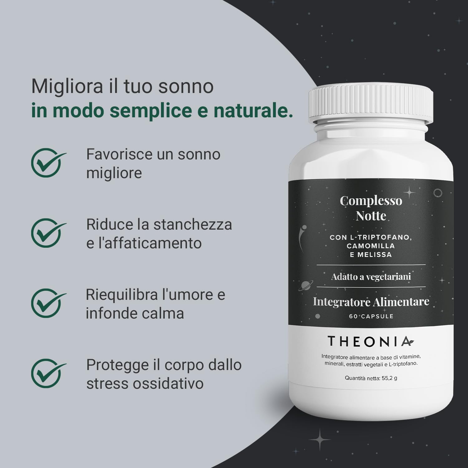 Theonia complesso notte con 100mg di L-triptofano, camomilla e melissa, integratore naturale per il sonno e il relax - 60 capsule, non OGM, vegetariano