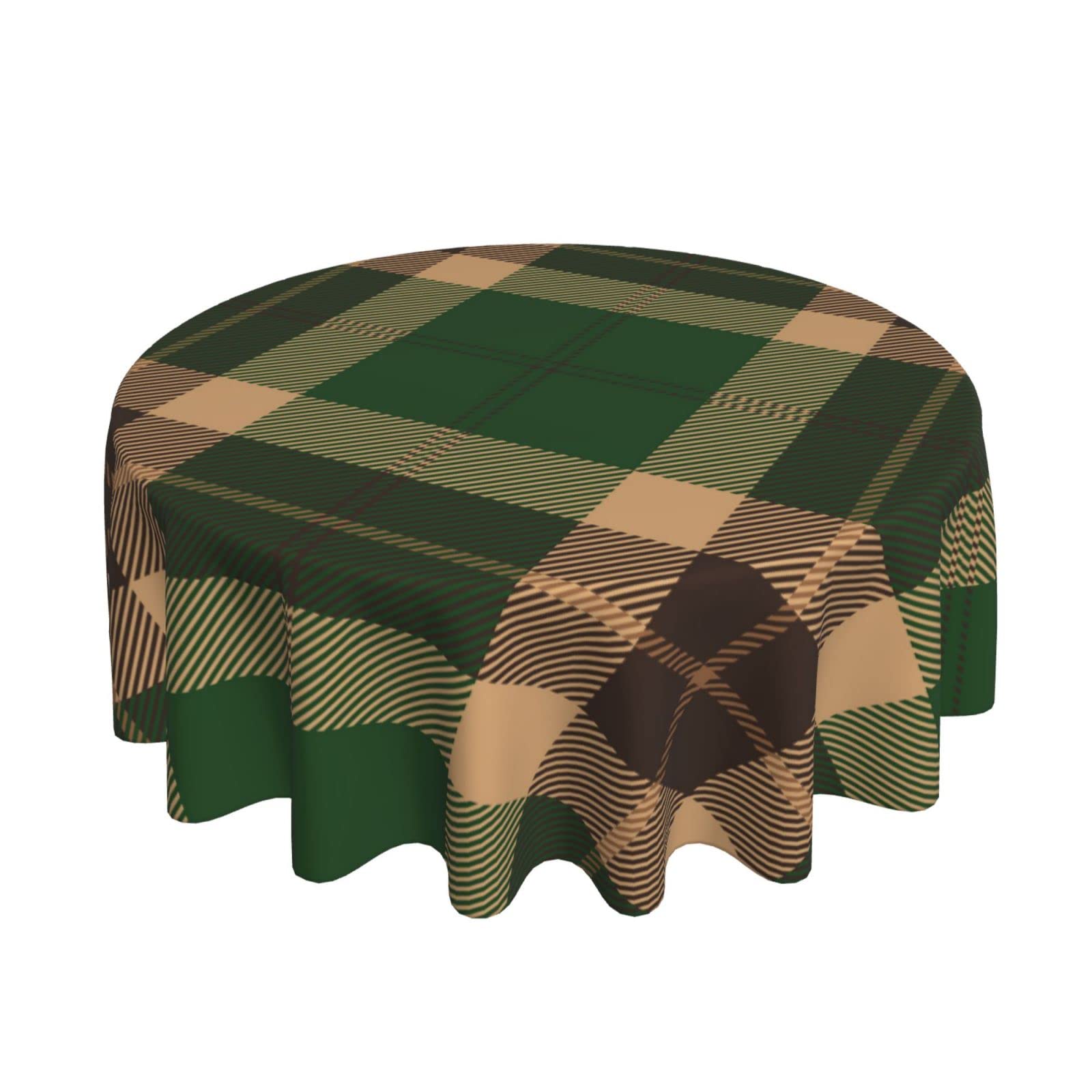 AOOEDM Green and Brown Tartan Plaid Round Tablecloth | 60 Inch Dia | Circular Table Cover | Tabletop Decoration | Dustproof Wrinkle | Buffet Table, Parties,Holiday Dinner