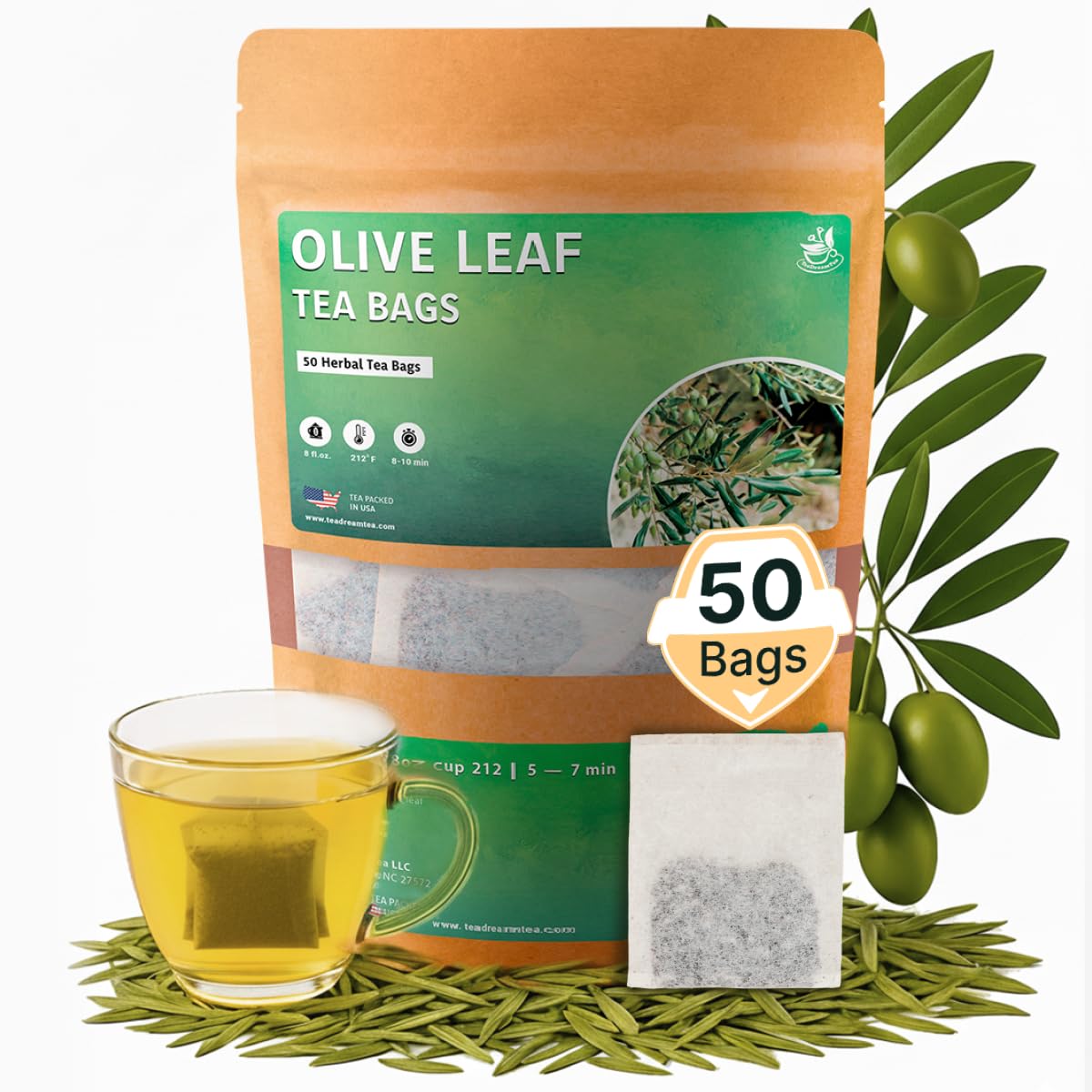 Olive Leaf Tea Bags – 50 Bags (Premium Dried Olive Leaf Tea - 50 Count), Natural Extract Caffeine-Free Herbal Tea for Health & Immune Support