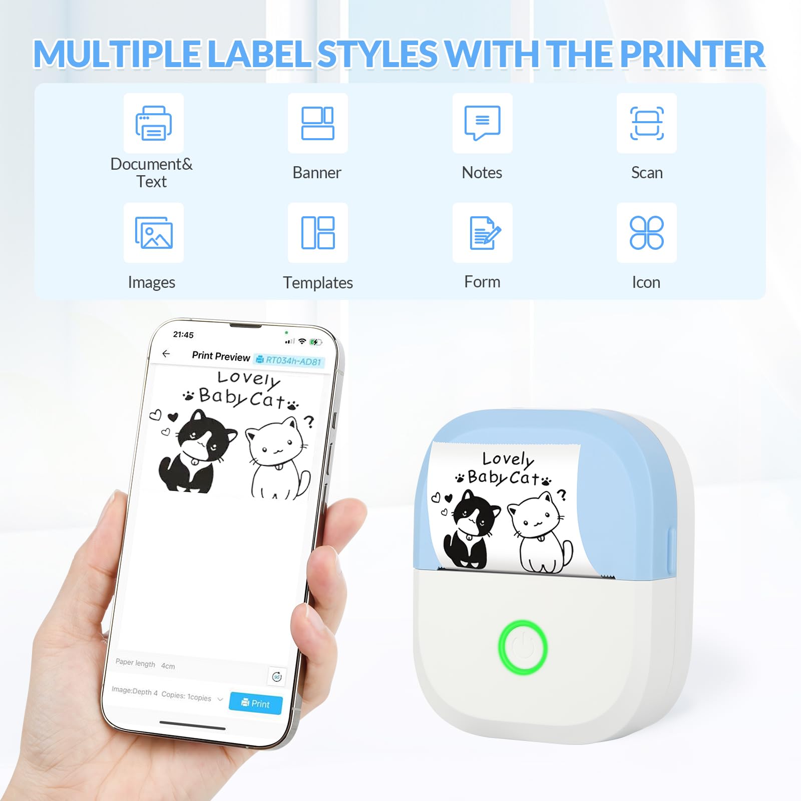 mafiti Mini stampante adesiva portatile termica senza inchiostro wireless Bluetooth stampante per telefono con disegno AI, per appunti di studio foto foto album diario etichetta adesiva