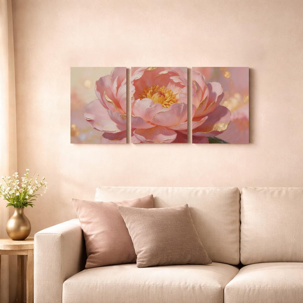 Pink Floral Canvas Wall Art Set of 3, Romantic Flower Oil Painting Wall Decor with Gold Accents, 12x16 Inch Framed Canvas Prints for Bedroom Living Room Feminine Home Decor, Ready to Hang(pinkC)