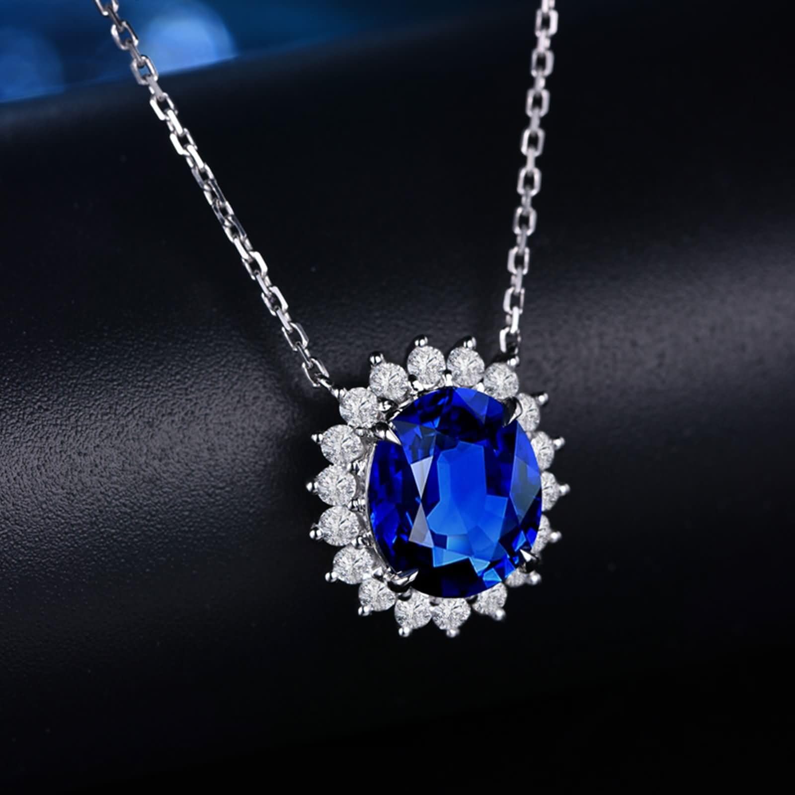 Damskie 9K / 14K / 18K Białe Złoto Wisiorki, 4 Owalne Pazury Z Diamentowym Szafirem 0,6ct i Diamentem, Naszyjniki Damskie Niebieskie Srebro
