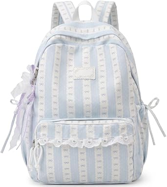 Kawaii Bow Backpack for Girls Lightweight, Cute Preppy Spacious Nylon School Daily Bag, Blue Kawaii Bow Backpack for Girls, Lightweight Cute Preppy, Spacious Nylon School Daily Bag, Blue Gir