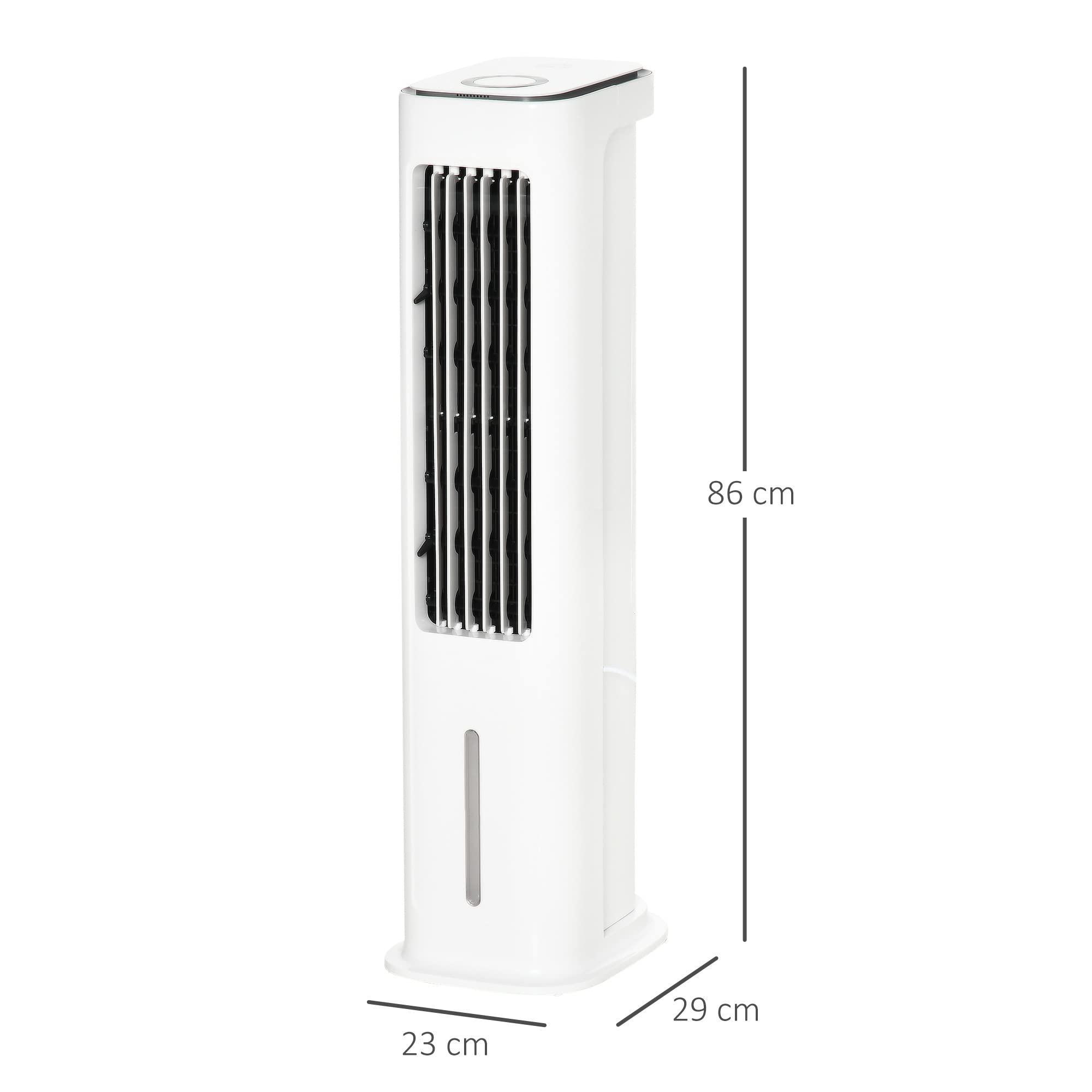 HOMCOM Climatizador Evaporativo Bajo Consumo 75W Depósito 5L Oscilante con Control Remoto 3 Modos 3 Velocidades Temporizador 12h y Pantalla LED Táctil 23x29x86 cm Blanco