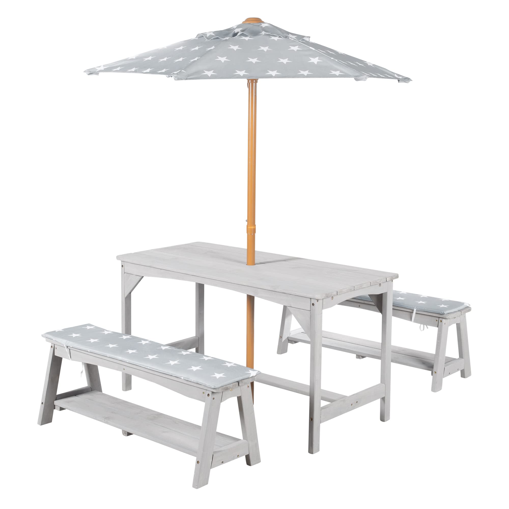 roba Set di Sedute per Bambini Picnic con Tavolo, 2 Panche, Ombrellone e Cuscini – Legno Grigio