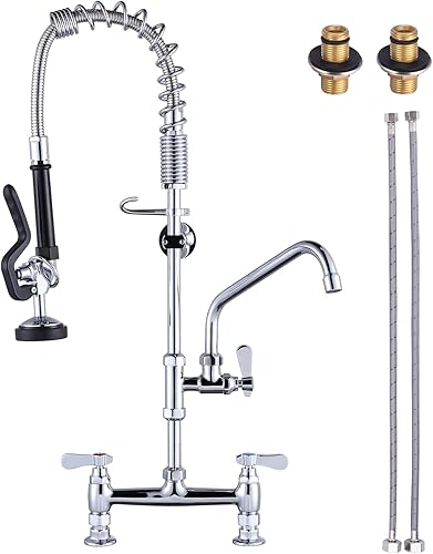 Grifo de cocina comercial para montaje en cubierta con rociador de preenjuague de 26 pulgadas de altura, grifo de fregadero de cocina de 8 pulgadas