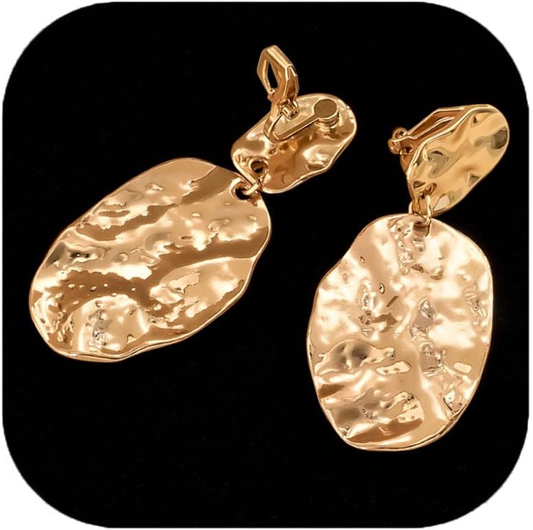 Chunky Irregular Geometry Clip On Earrings for Women, Matte Gold/Silver Retro Oval Dangle Drop Clip Earrings Non Pierced Clips Stetement Jewelry Gifts