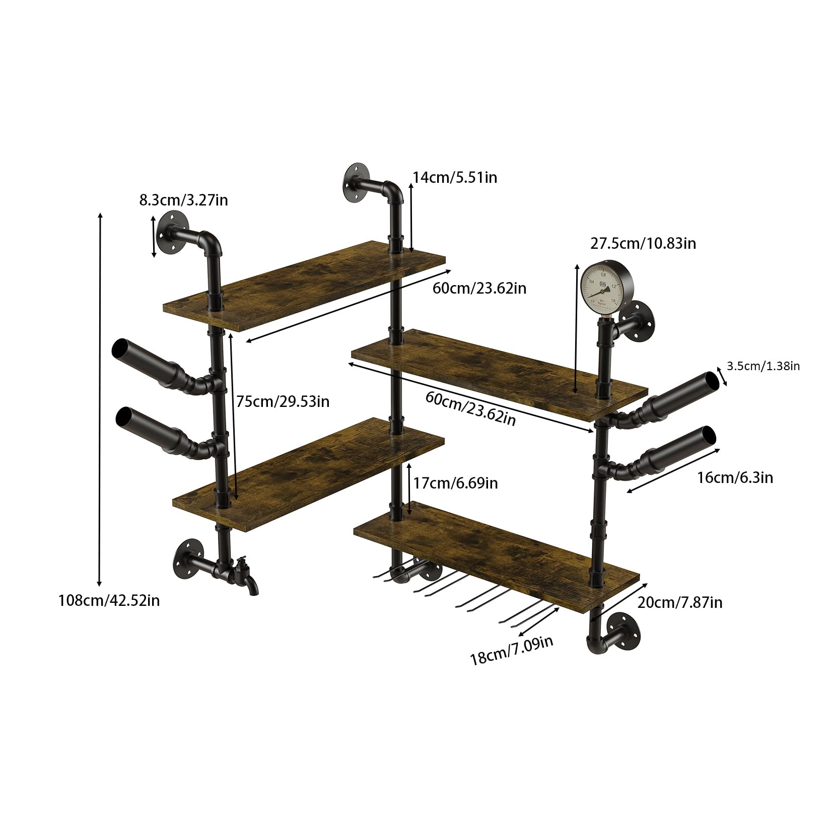 unho Botellero de Pared Industrial Grande de Metal: Estante de Vino Flotante Decorativo de 4 Niveles Esquinero de Botellas Especias para Cocina Hogar Bar Hotel 120x20x108cm