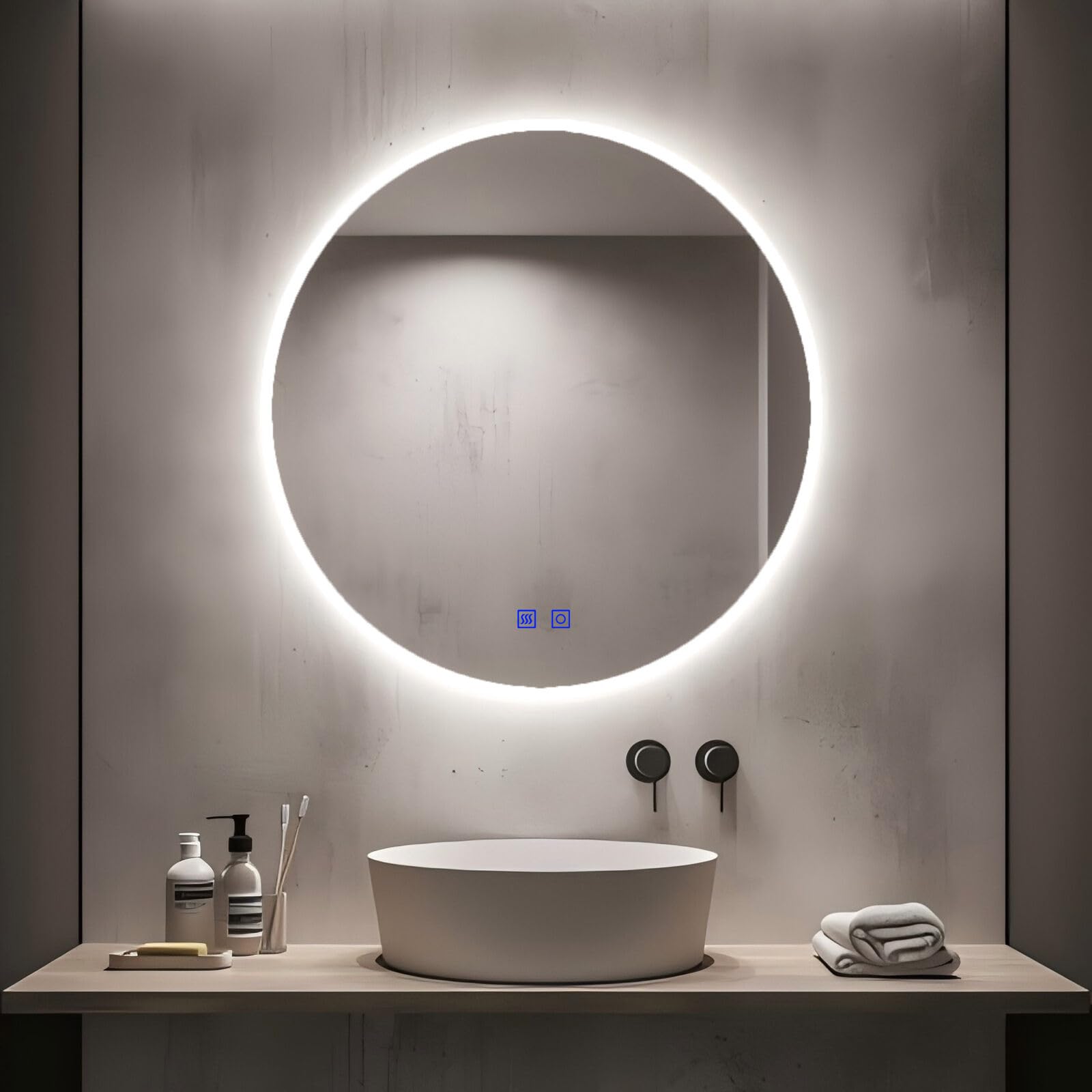Kasloglow Espejo de baño redondo con luces LED de 800 mm, 3 colores, intensidad regulable, antivaho iluminado táctil, espejo de tocador de pared de 80 cm