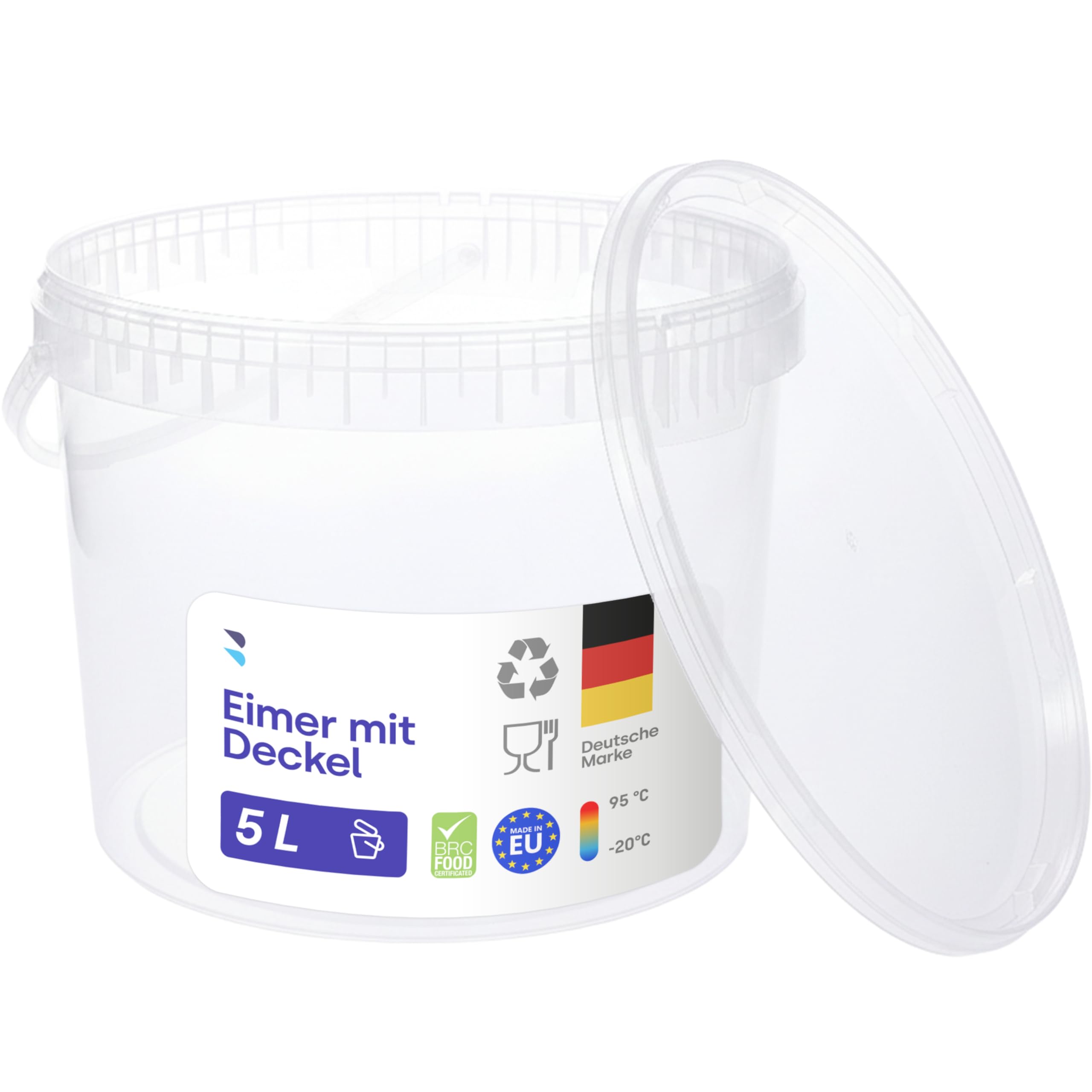 BenBow Eimer mit Deckel 5l transparent 10x 5 Liter - lebensmittelecht, stabil, luftdicht - Plastikeimer mit Henkel - leer