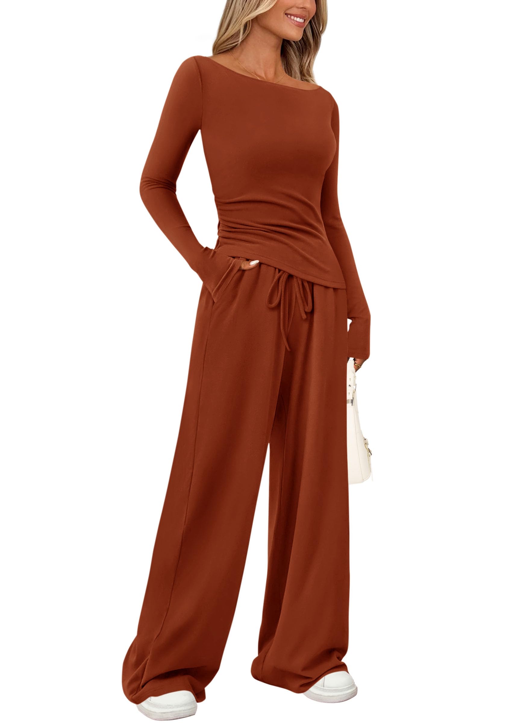 PRETTYGARDEN Women's 2 Piece Lounge Sets Asymmetrical Long Sleeve T Shirt Wide Leg Pants Casual Outfits Tracksuit