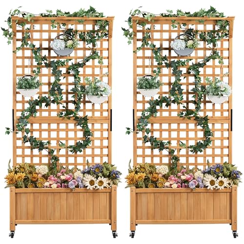 Yaheetech 72' H Garden Planter with Trellis for Vine Climbing Horticultural Plants, Yard Box Outdoor w/Drainage Holes, Garden Planter Bed for Flowers Herbs, Light Brown
