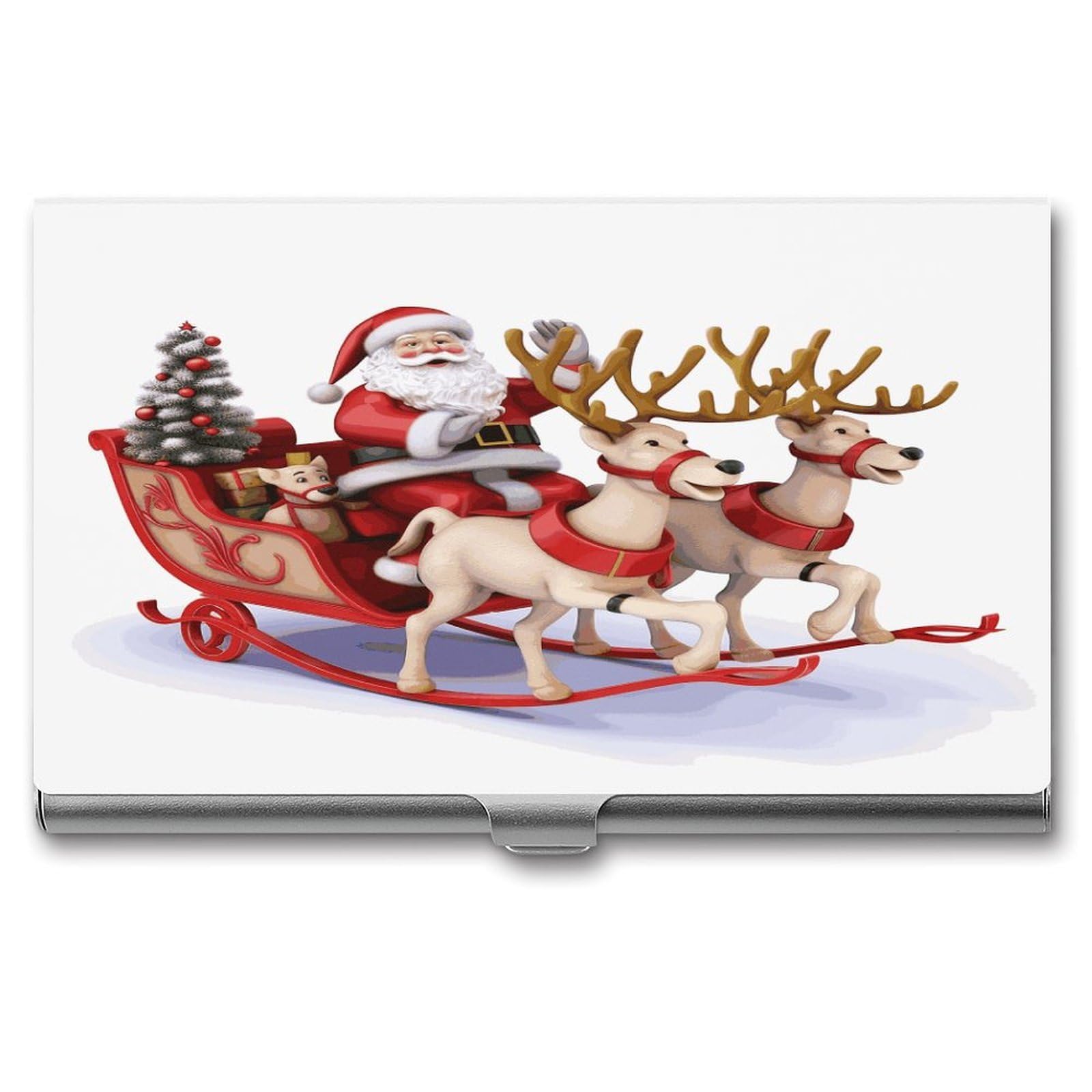 LDGSUPH Santa Claus Reindeer Sled Business Card Holder Fashion Slim Name Card Holder Minimalist Design Case Metal Card Carrier Personalized Business Card Case with Flip for Men Women