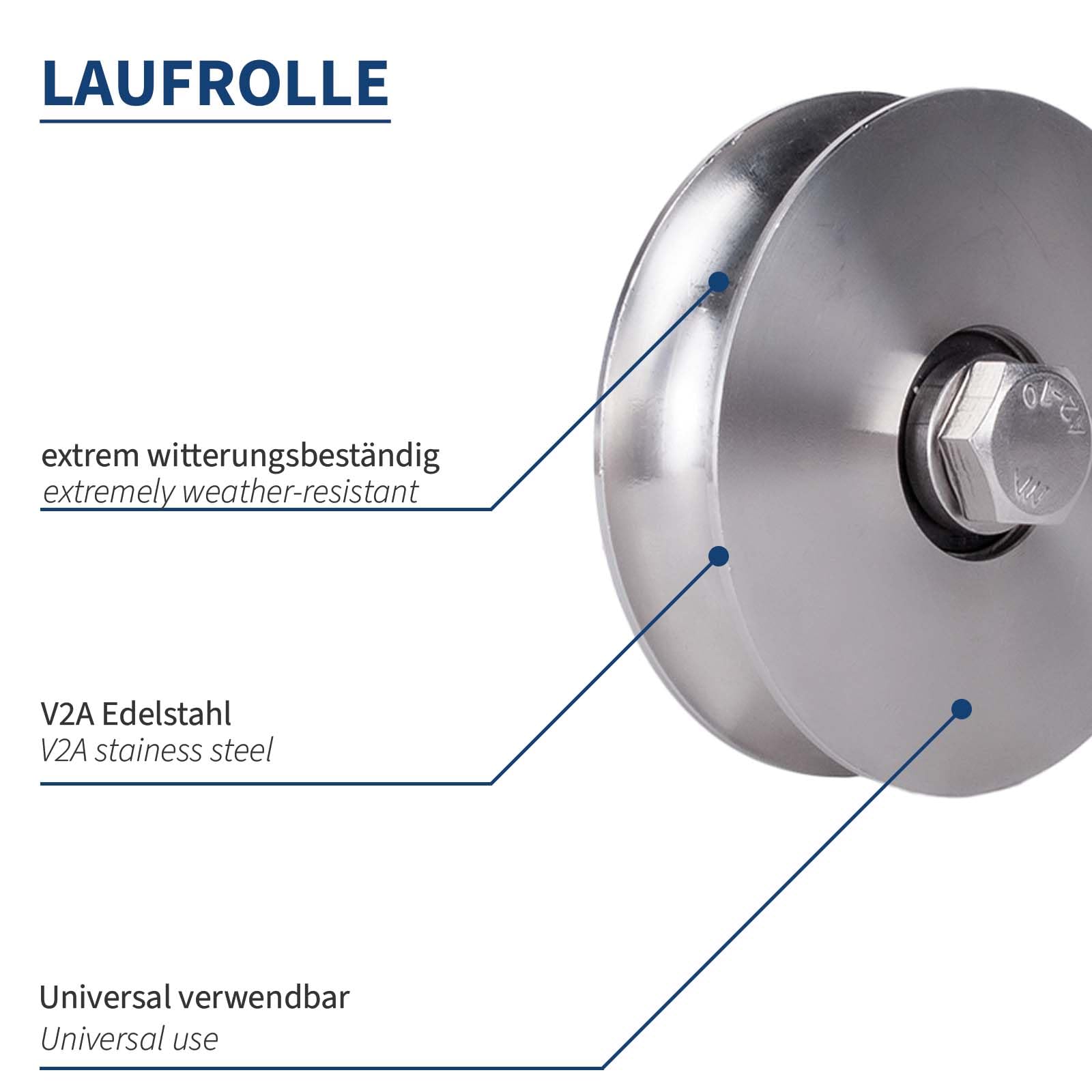 ATTAS Laufrollen 100mm Schwerlast Schiebetür Schiene – V4A Edelstahl, Tragkraft 420kg, Umlenkrollen für Seile, Schiebetorrolle, Torrolle für Rolltor und Garage, Seilrollen für Drahtseile, Achsbolzen