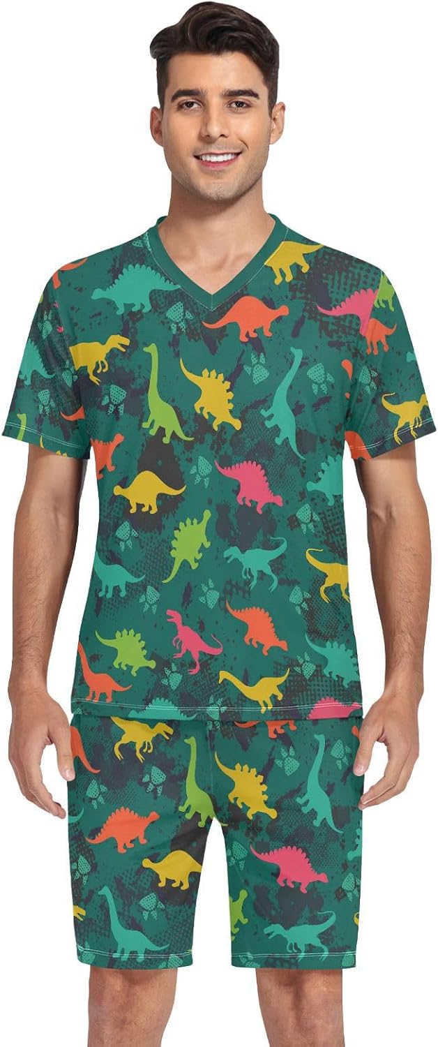 Men's Short Sleeve Pajama Set Summer Pj Short Set 2 Piece Loungewear Sleepwear with Pockets
