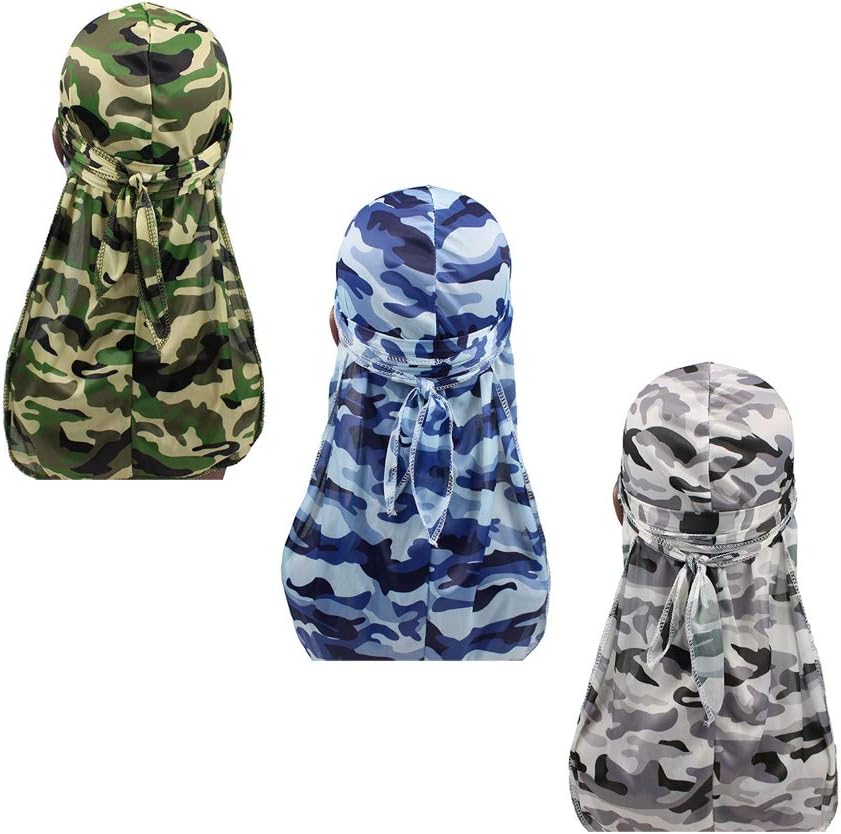 Military Camouflage Premium Silky Durags with Long Tail Colorful 360 Waves Doo rag for Men Du rag Cap (3/4 Packed)