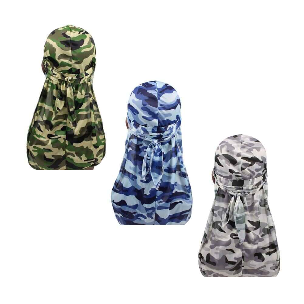 Military Camouflage Premium Silky Durags with Long Tail Colorful 360 Waves Doo rag for Men Du rag Cap (3/4 Packed)