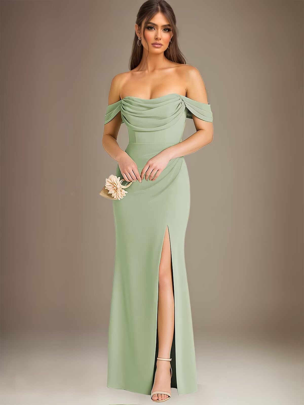 HUINI Schulterfreie Brautjungfernkleider mit Schlitz Langes Chiffon Hochzeitsgastkleid Formelles Abendkleid für Damen