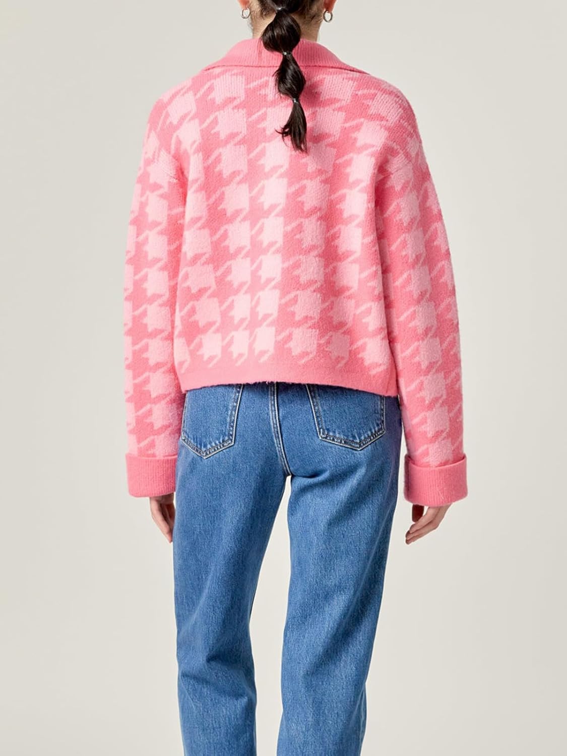 HOULENGS Women's Casual Plaid Cropped Cardigan Sweater Long Sleeve Button Down Lapel Knit Sweater Coats with Pockets - Image 2