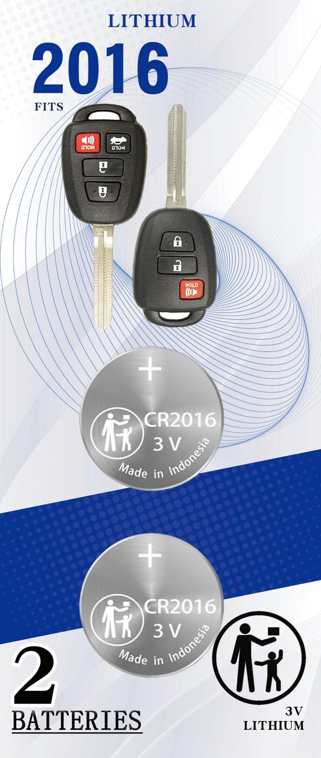 CR2016 Key Fob Replacement Batteries for Toyota (2008-2021) Camry Corolla RAV4 Highlander 4Runner Prius C Scion FR-s iQ tC xB xD Sequoia Avalon Tundra Tacoma Head Key Fob