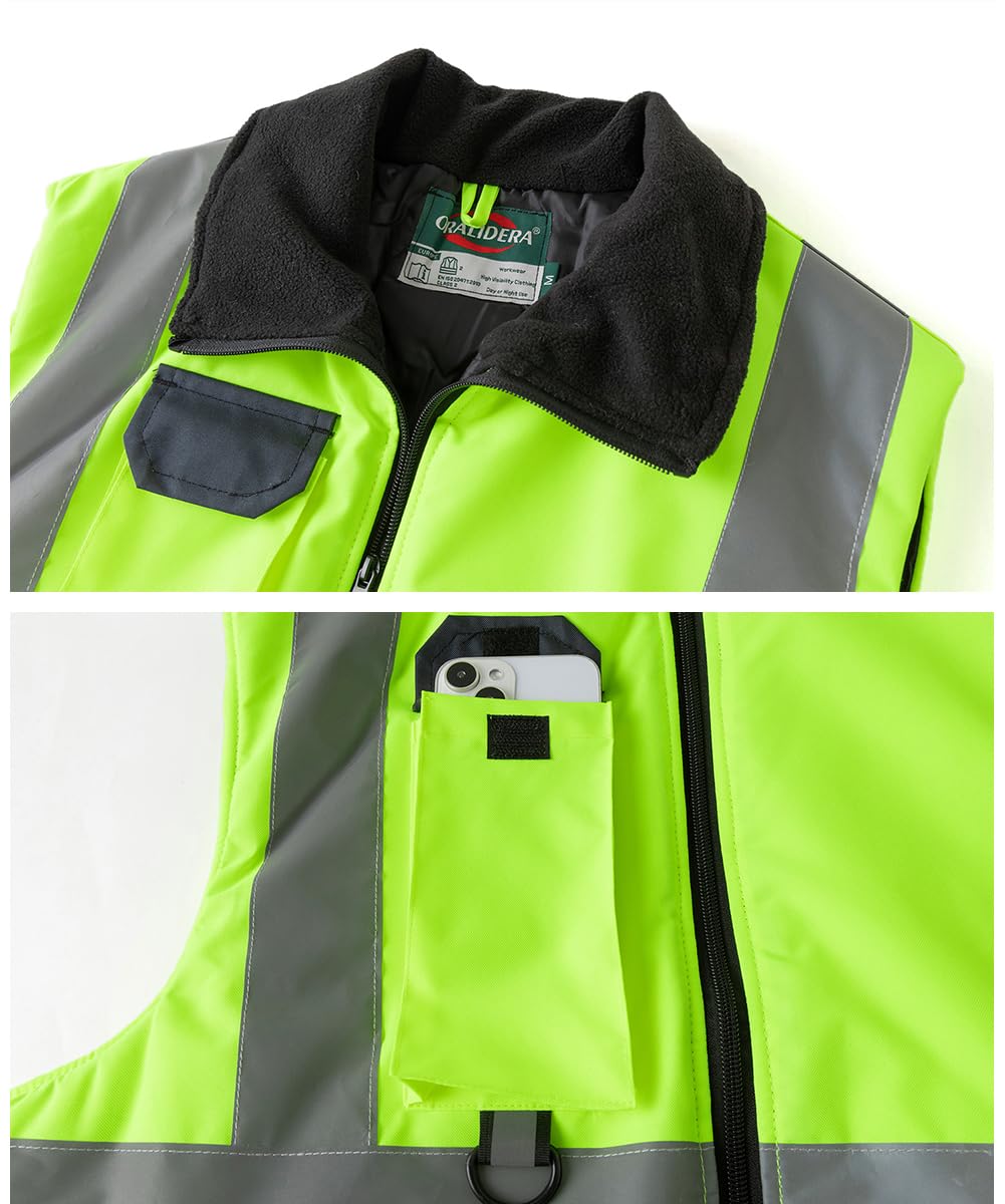 Gilet Imbottita di Sicurezza Invernale Giubbotto Catarifrangente Adulto Smanicato Gilet da Lavoro ad Alta visibilità, Verde+Nero, L