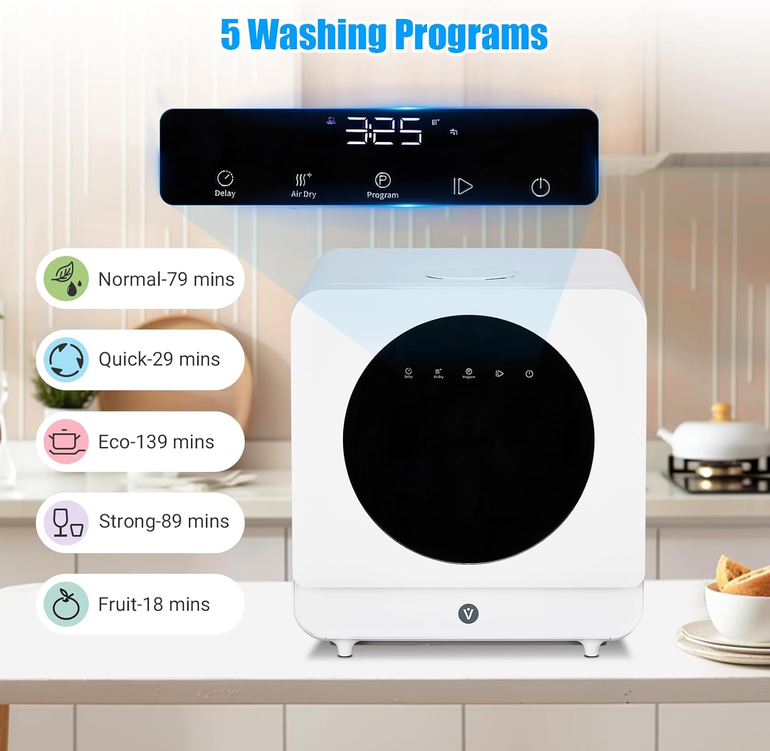 Garvee Countertop Dishwasher, 5 Programs Portable Dishwasher with Touch Control & Air-Drying Function, 2 in 1 Tabletop Dishwasher for Home, Apartments, White