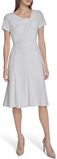 Calvin Klein Women's Short Sleeve Asymmetrical Knot Neck Solid Scuba Crepe A-line Dress