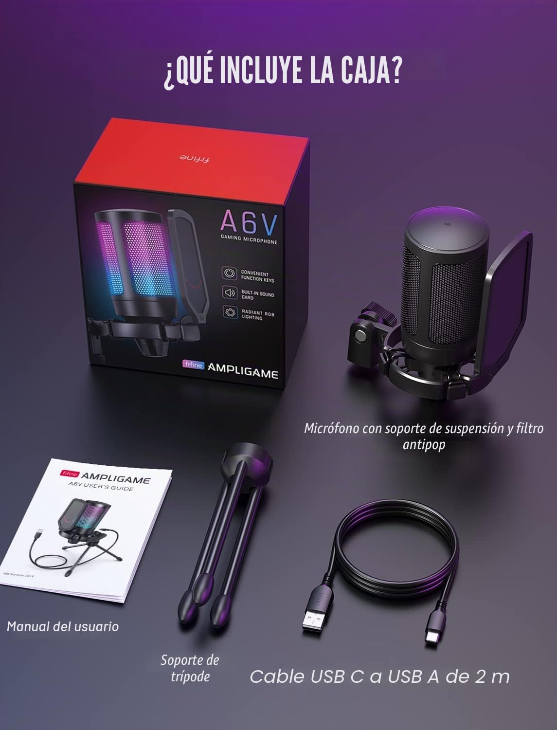 FIFINE Gaming Microfono para PC PS4 PS5, USB Condensador Micrófono de Cardioide para Ordenador Podcast Streaming Studio, con RGB, Botón de Silencio, Trípode, Filtro Anti-Pop, Soporte de Choque
