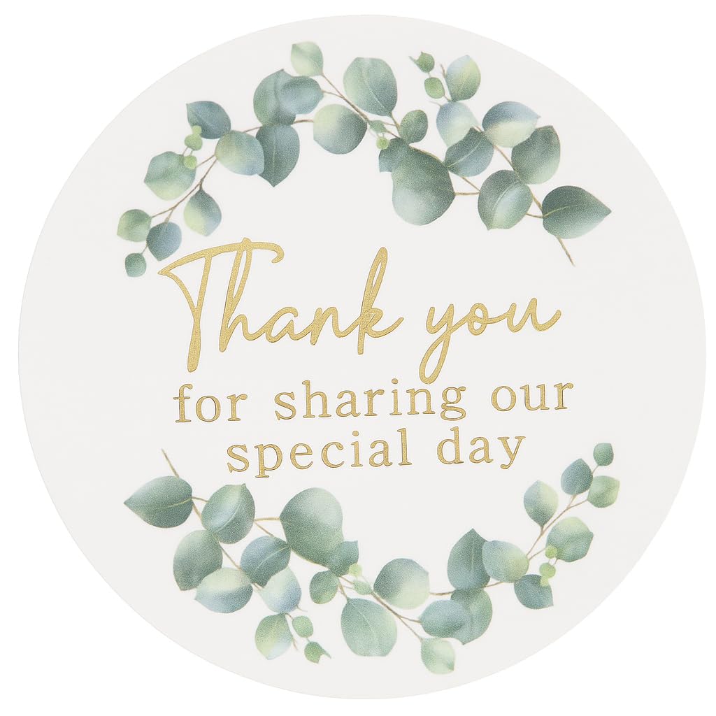 50 x Thank You Wedding Stickers โ 45mm Round White with Eucalyptus & Gold Foil โ Favor Labels Thank You for Sharing Our Special Day