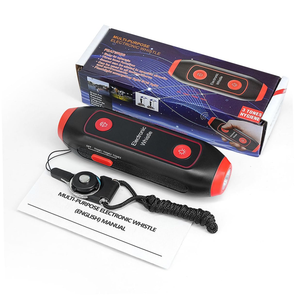 TOYANDONA Silbato Electrónico para Árbitros y Entrenadores, Abs Rojo, 3 Tonos y Luz LED Sos, Portátil con Linterna para Deportes, Emergencias y Actividades al Aire Libre