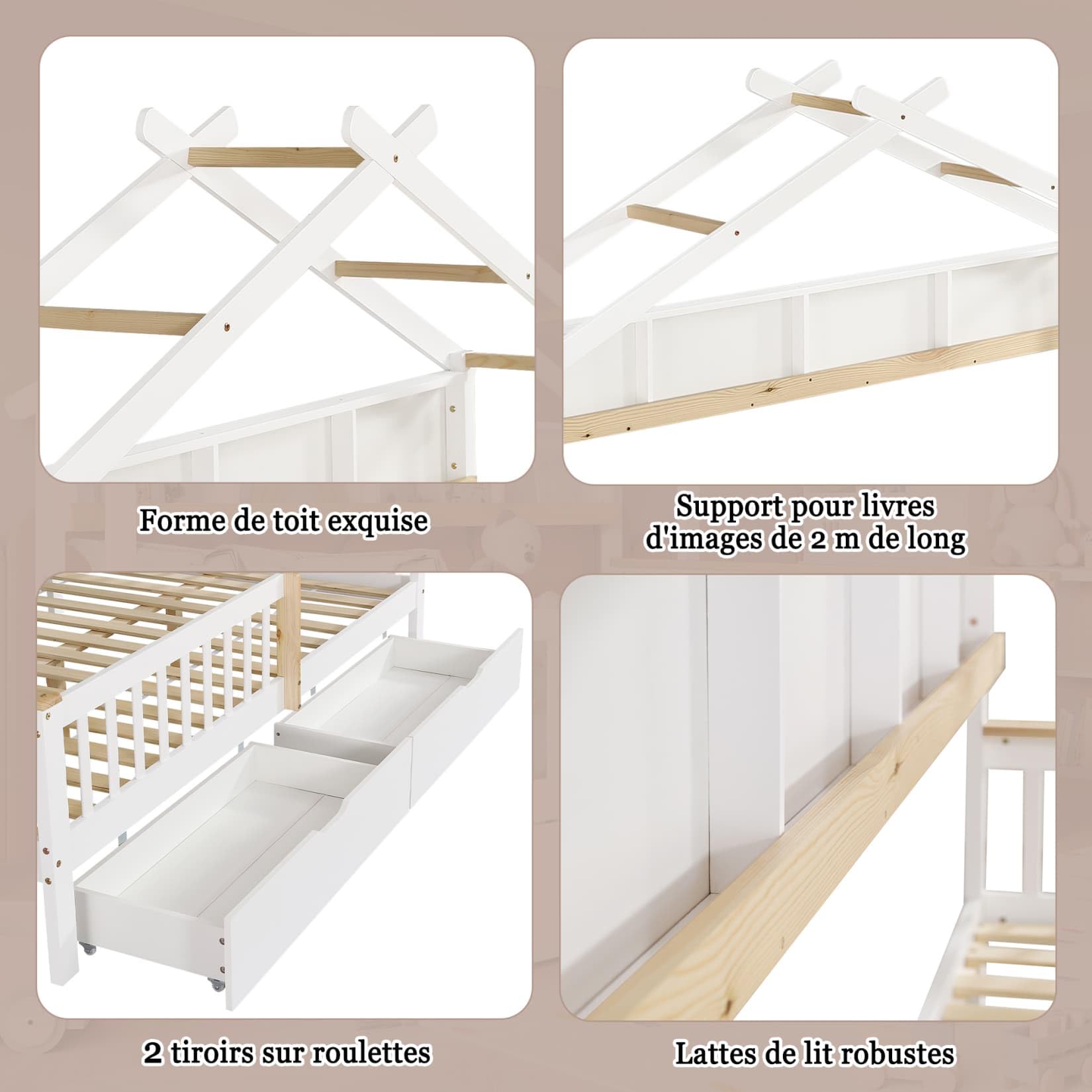 PUGSDRLY Lit Enfant 140x200cm avec 2 Tiroirs sur roulettes,Lit Cabane Enfant avec Barrières et Compartiments de Rangement,Cadre en Pin avec Sommier à Lattes,sans Matela