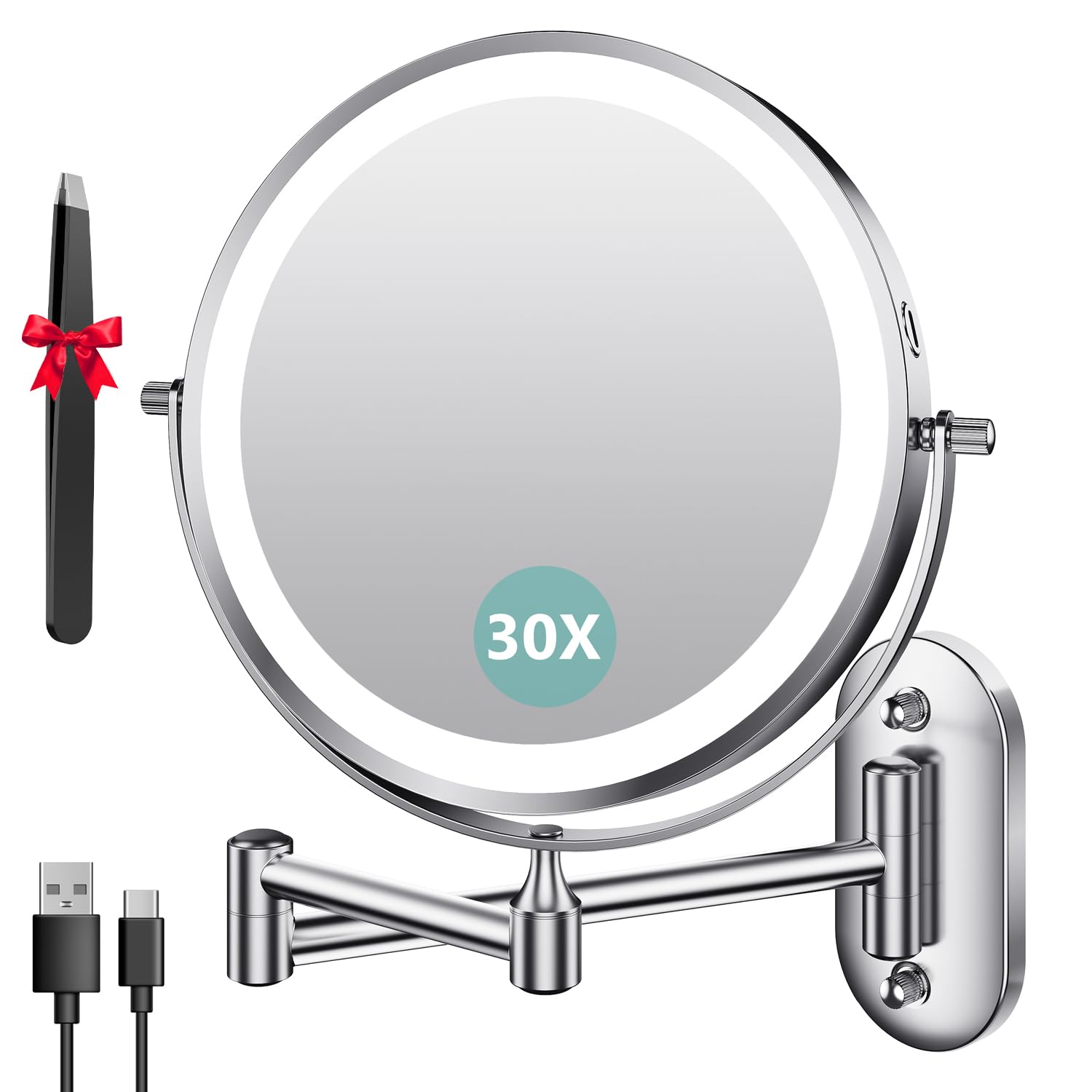 Auxmir 8″ Espejo Maquillaje con Luz para Pared Recargable 3200mAh, 1X/30X Aumento Doble Cara Giratorio 360° Brazo Extensible, 3 Colores y Brillo Regulable, para Baño Hotel, Plata