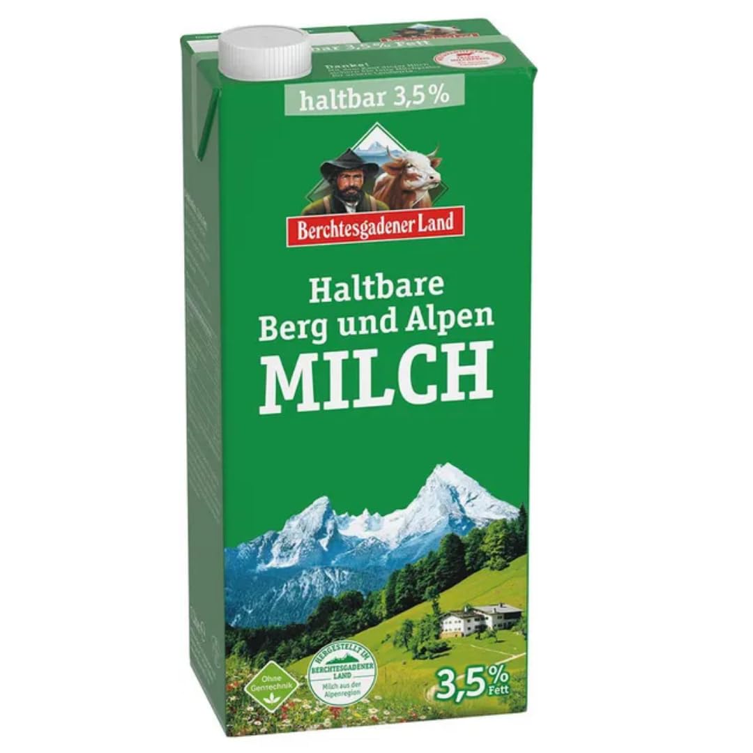 Milch Berchtesgadener Alpenmilch Land H-Milch 3,5% Fett Haltbare Milch Bergbauern-Milch, je 1 Liter, 12 Stück+ pufai