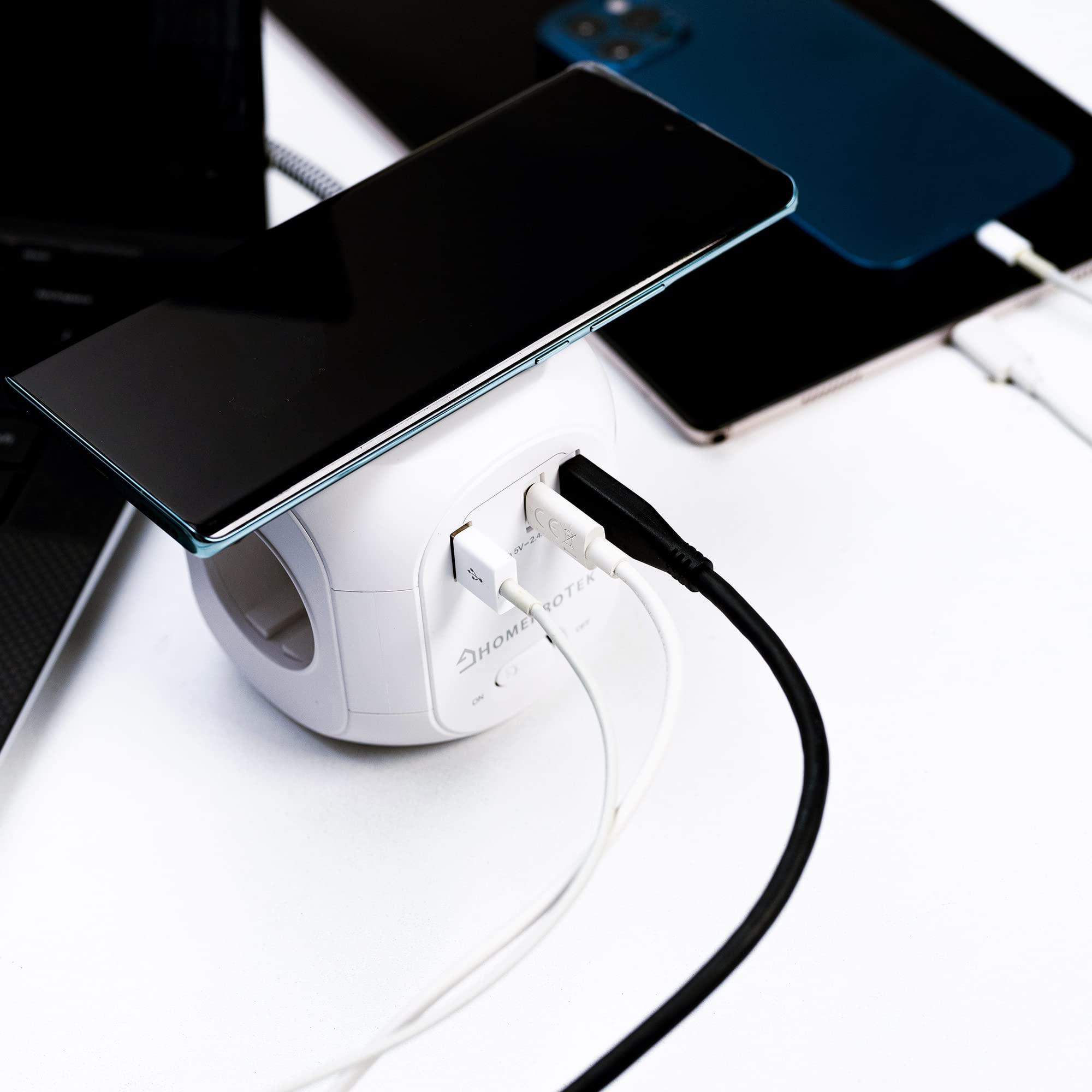 HomeProtek Multiprise Cube 3 Prises, USB-A, 2 USB-C, Noir | Chargeur sans fil et interrupteur; rallonge multiprise pour maison ou bureau