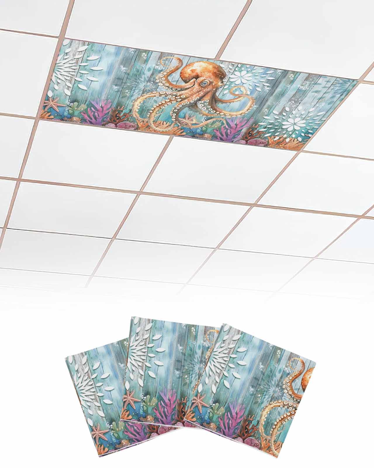 Octopus 3 Pcs Fluorescent Light Covers for Ceiling Lights, Coral Starfish Wood Grain Ocean Magnetic Light Filters for Eliminate Harsh Glare Classroom Office Decoration, 4 x 2 Ft